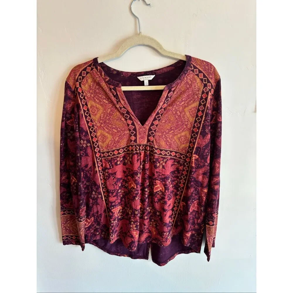 Lucky Brand Boho Long Sleeve Top Size Large Rust Red Orange V-Neck Relaxed Fit - Picture 6 of 9
